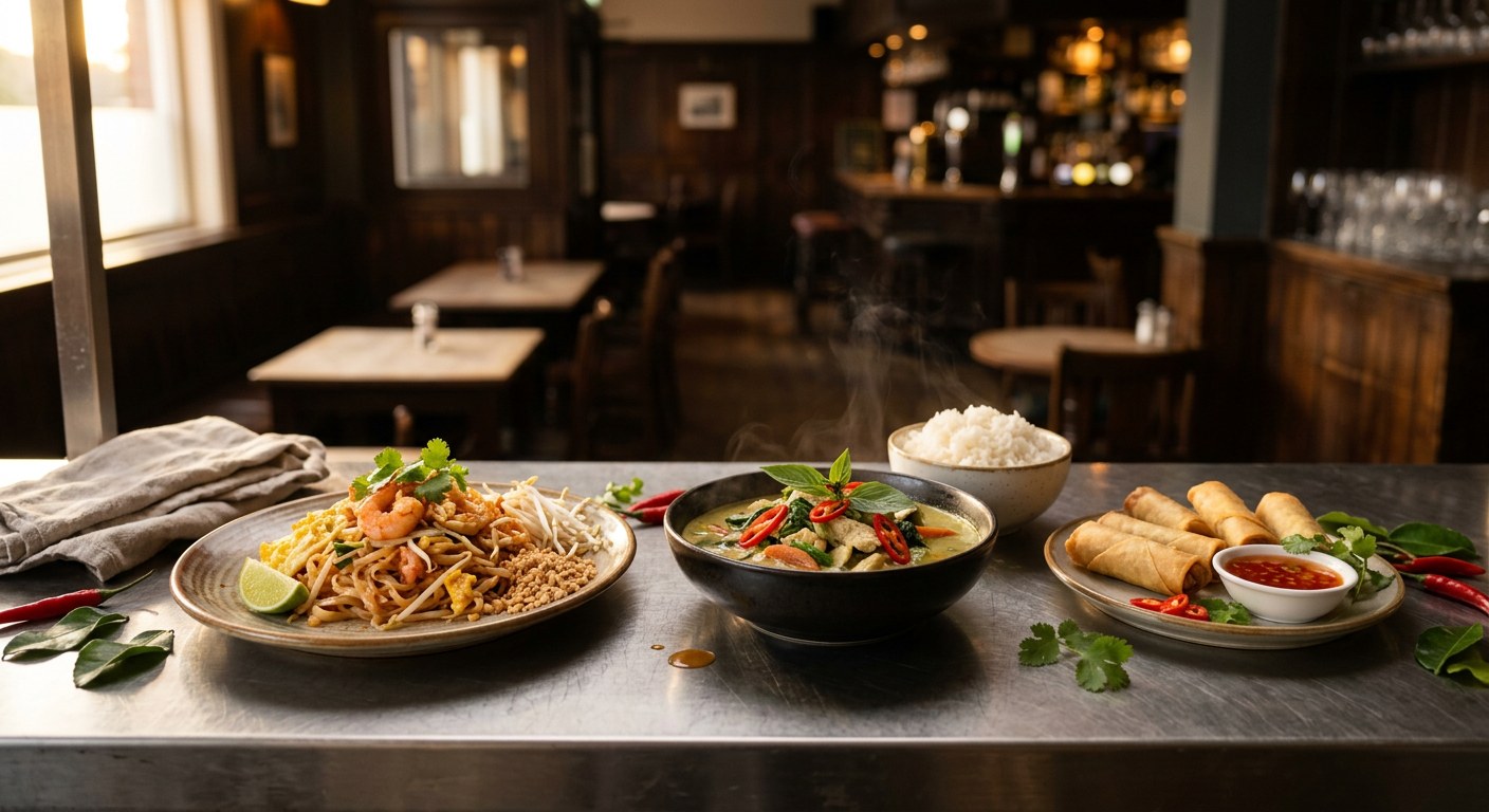 Thai dishes on a pub kitchen pass — pad thai, green curry and spring rolls going out to a British pub dining room