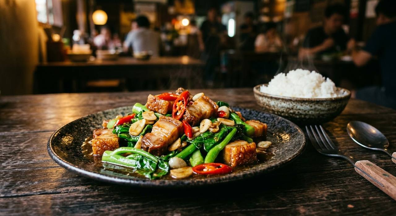 Pad kana moo krob